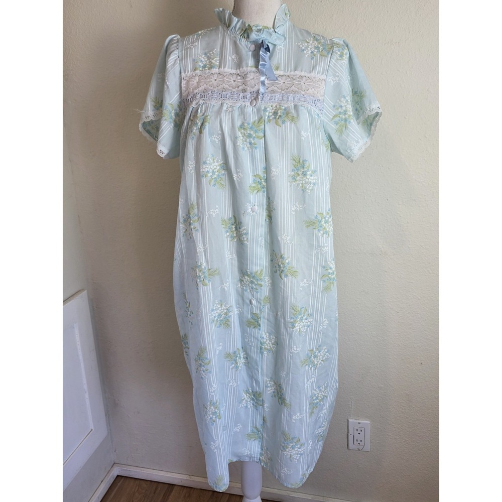 Ballet Medium Summer Muumuu House Dress Vintage Floral Blue Short Sleeve Button